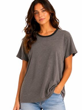 WE THE FREE by FREE PEOPLE Distressed Ringer T-Shirt Gray Black XS